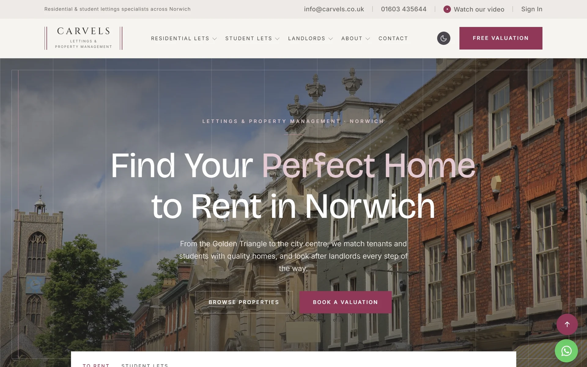 The new Carvels homepage, Norwich rooftops behind a Find Your Perfect Home headline with tabbed rental search