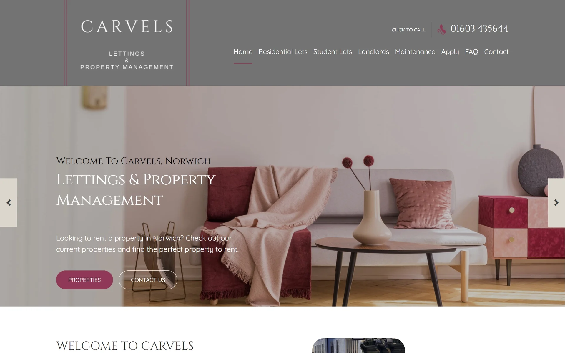 The previous Carvels website, a grey header over a styled living room photograph with a slider