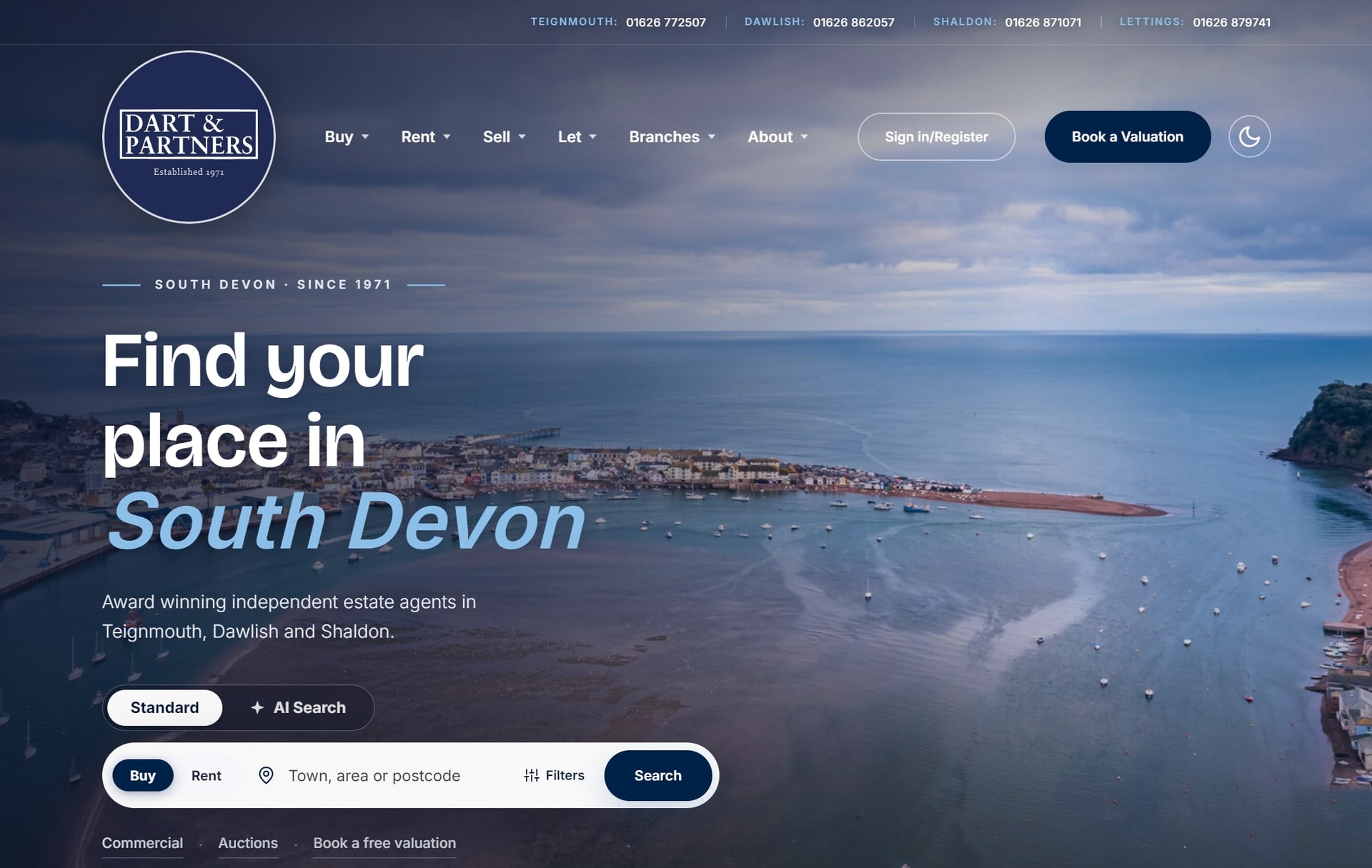 The Dart & Partners homepage, an aerial view over the Teign estuary