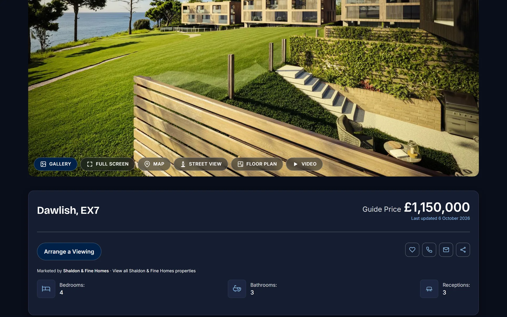 The same Dart and Partners property page in dark mode, the navy deepening to near black behind the photographs
