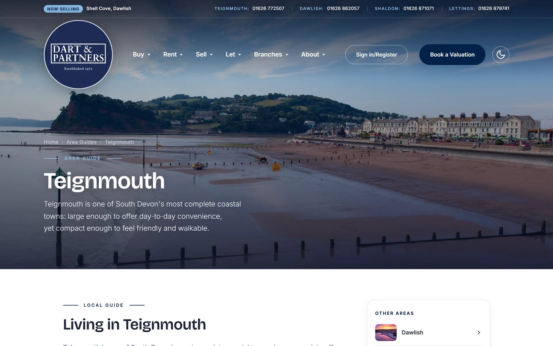 The Teignmouth area guide on the Dart and Partners site, an aerial photograph of the beach above the written guide
