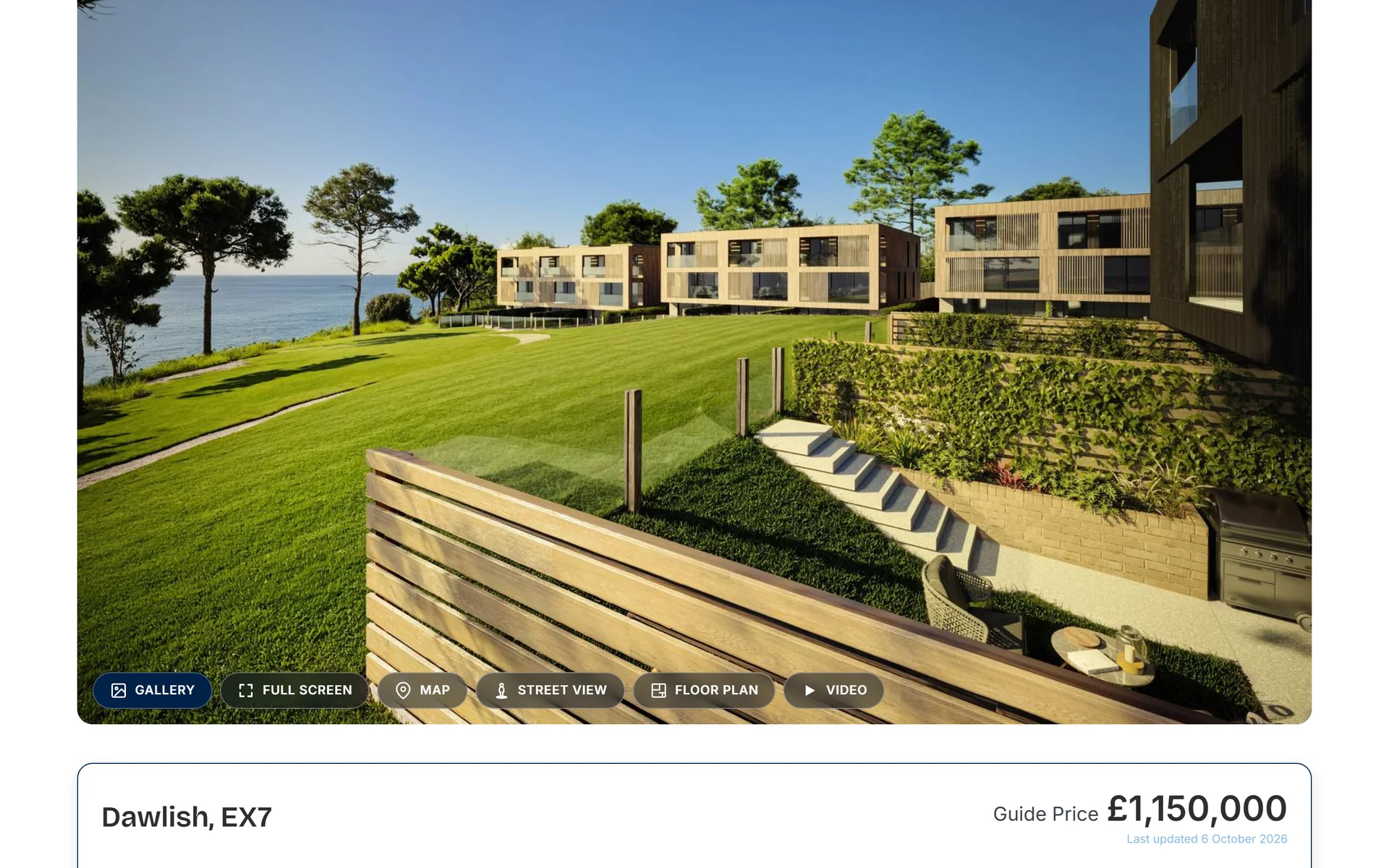 A Dart and Partners property page for a contemporary home at Shell Cove in Dawlish, the sea beyond the lawn, with gallery, floor plan, street view and video controls