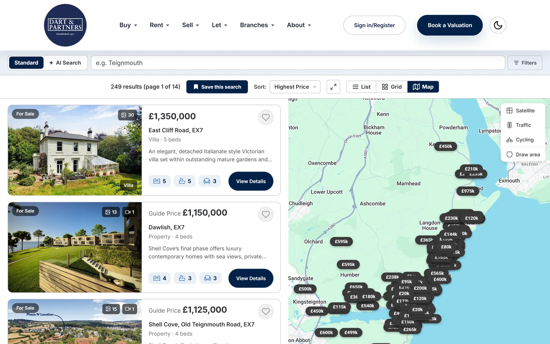 Dart and Partners property search sorted by highest price, results listed beside a map of the South Devon coast with prices pinned across it