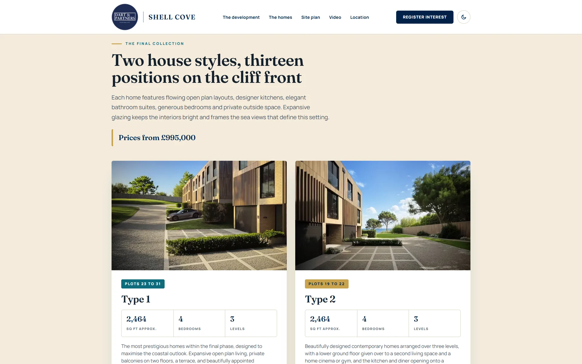 The Shell Cove development site showing the two house types, their sizes and the plots each covers
