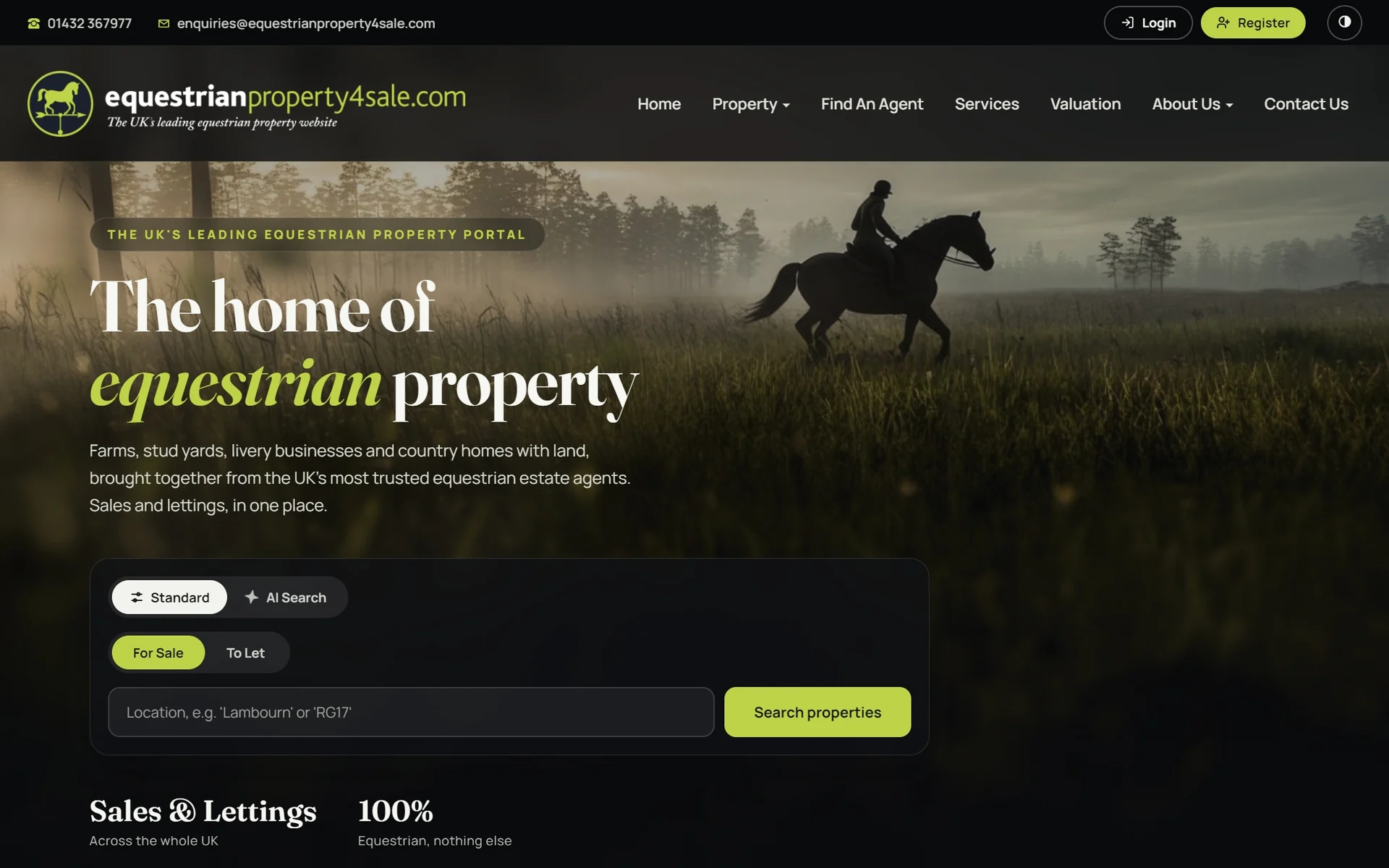 The new Equestrian Property 4 Sale homepage, a rider at dawn with a dark editorial hero and a standard or AI search toggle