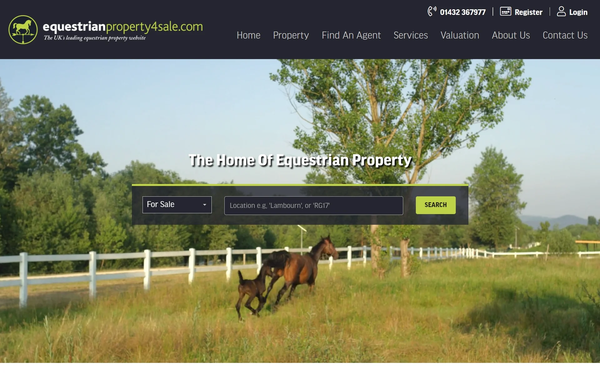 The previous Equestrian Property 4 Sale website, a photograph of a mare and foal with a centred title and a single search bar