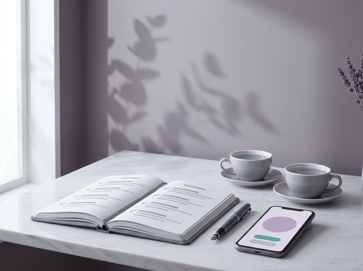 The first chat: notebook of goals, a phone on a call and two cups of tea