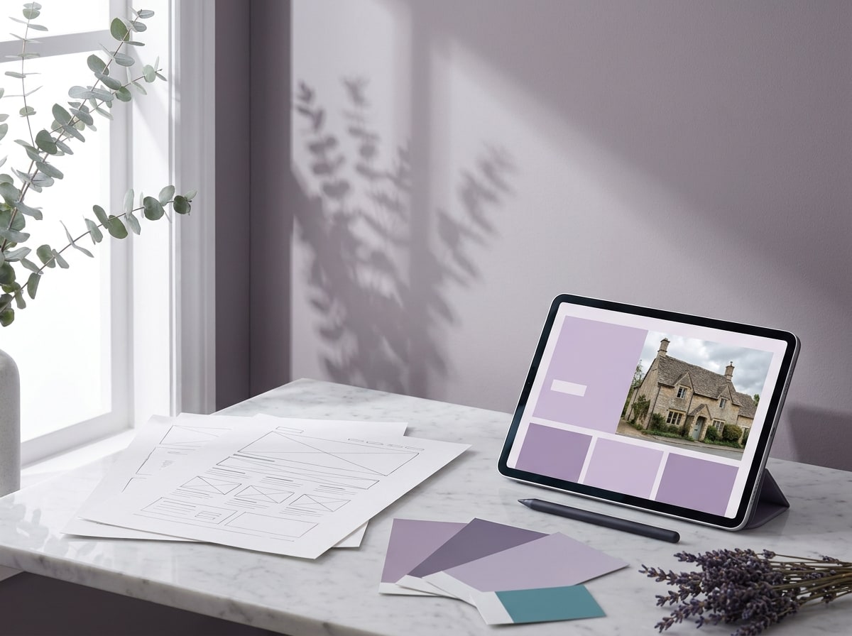 Design in progress: wireframe sketches, swatches and a tablet mock-up