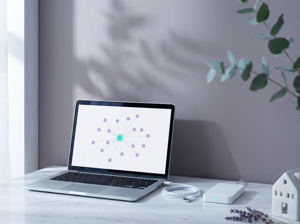 Integrations: a laptop showing connected systems with a hub and cable