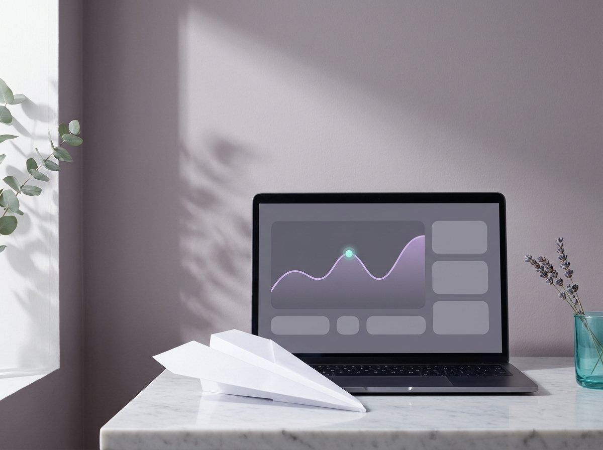 Launch: rising analytics on a laptop and a paper plane taking off