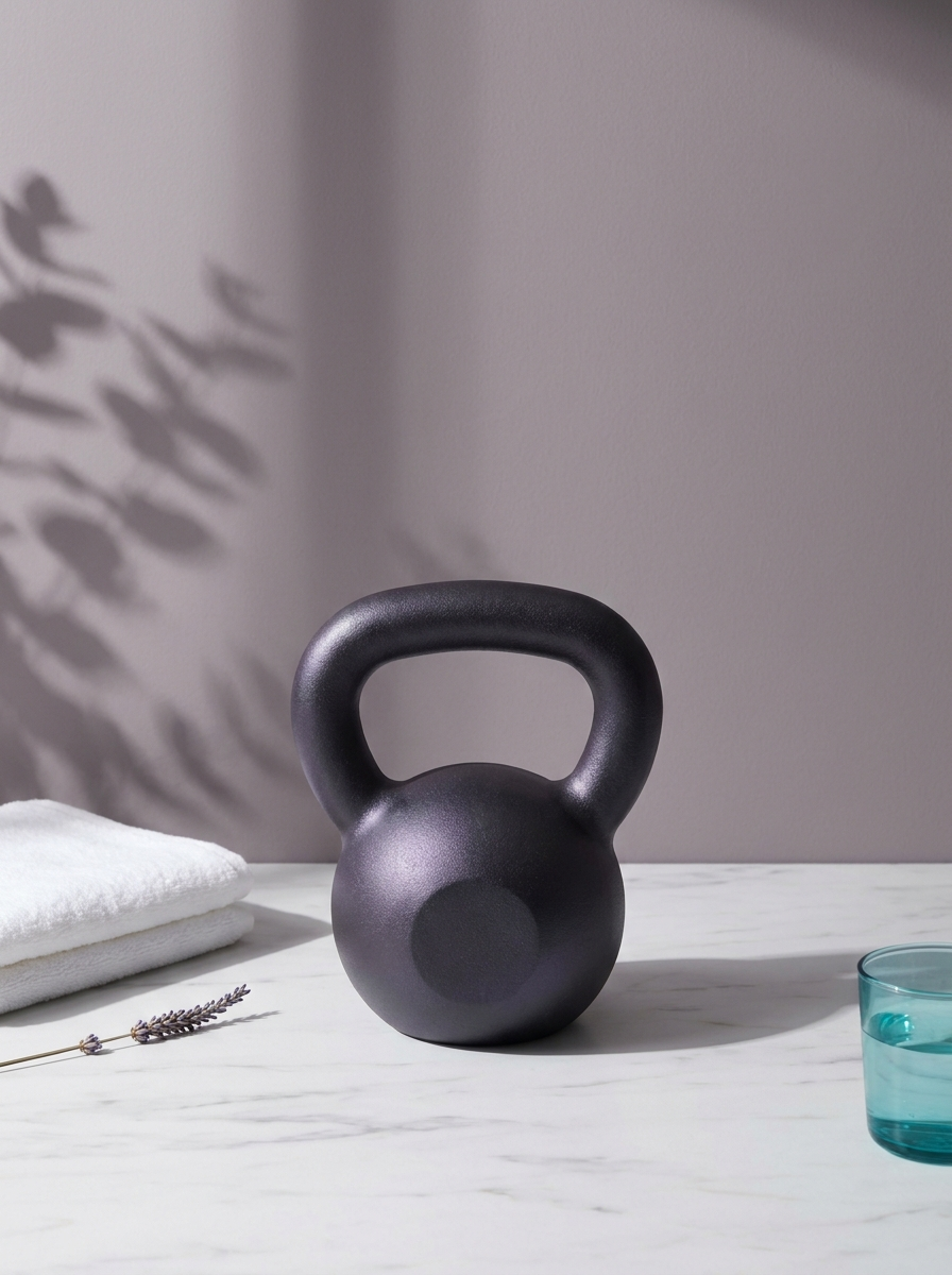 A kettlebell on polished marble