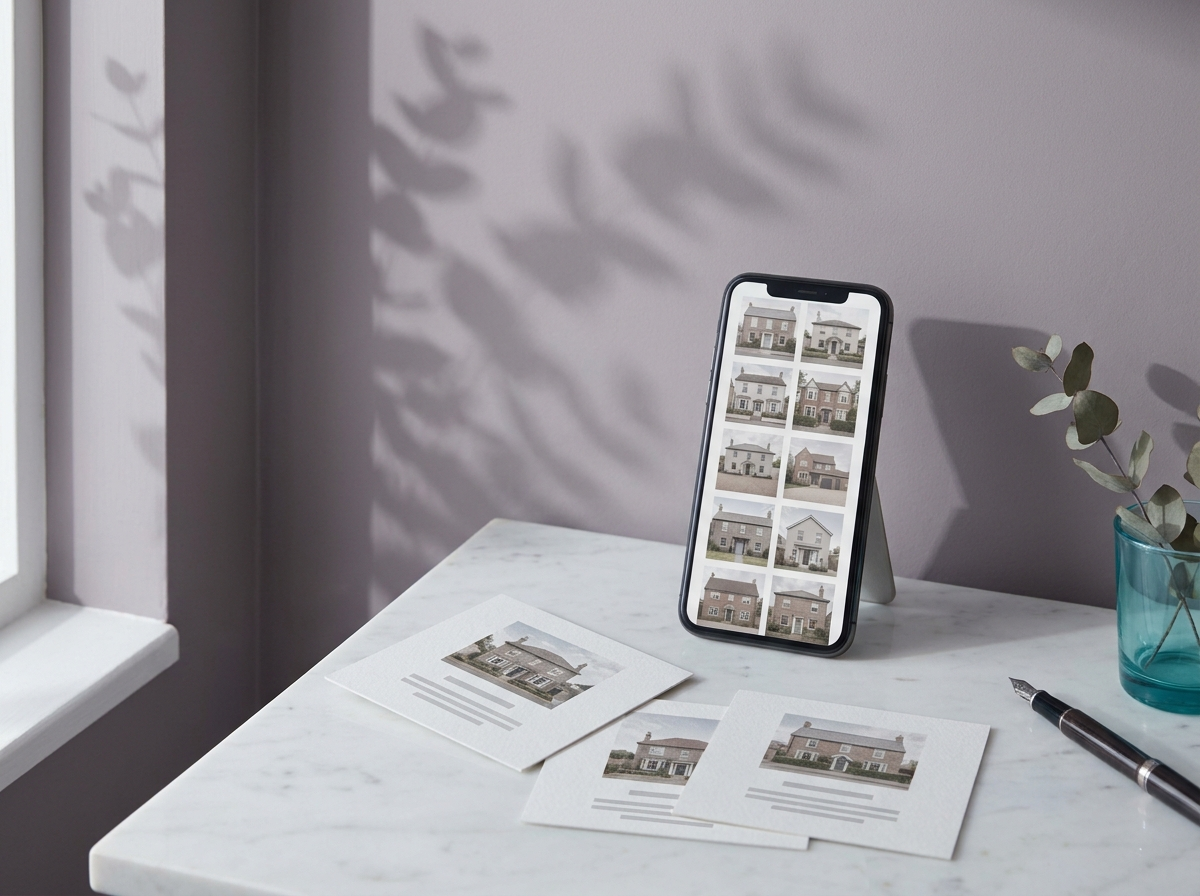 Property marketing: a social grid of homes on a phone with printed posts