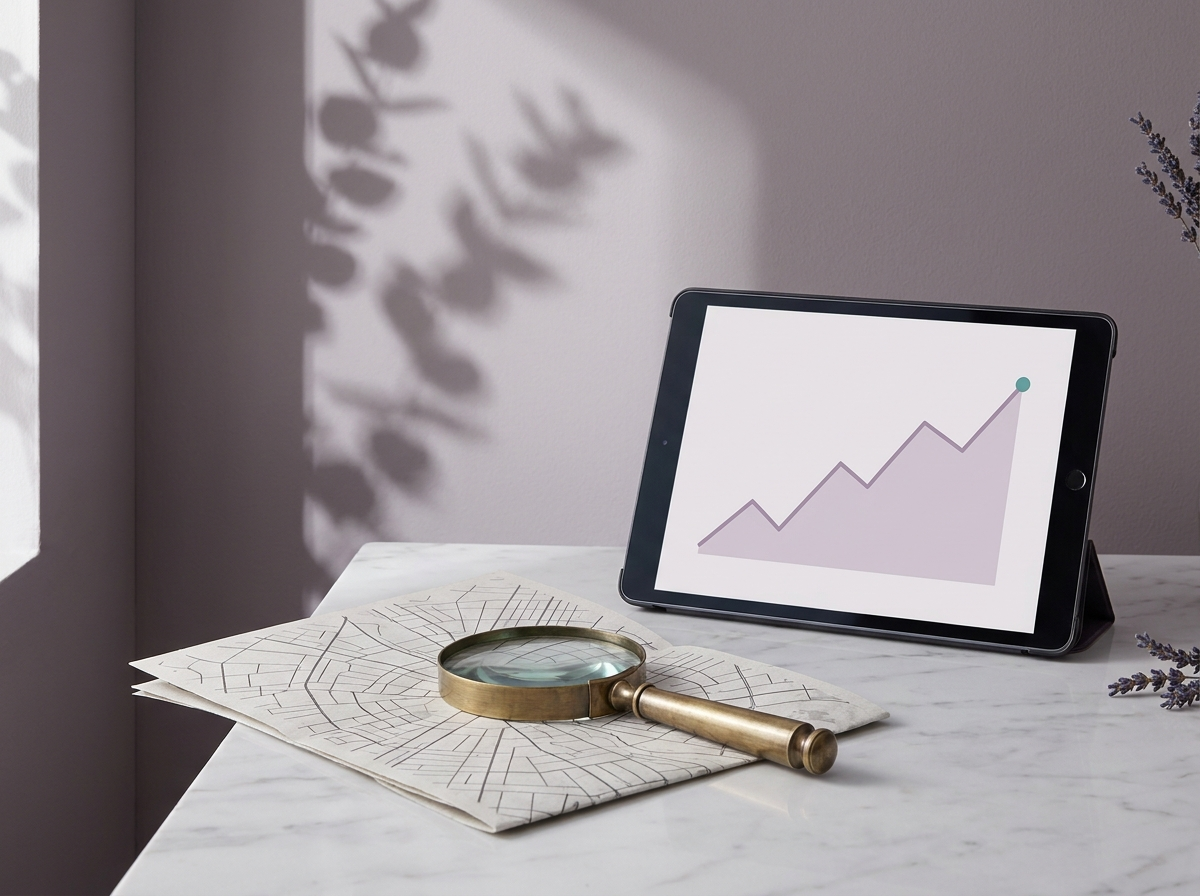 A magnifying glass on a map beside a rising chart