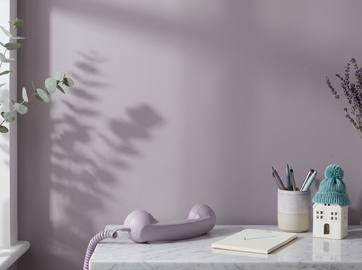A lilac telephone, notepad and a small ceramic house in a bobble hat