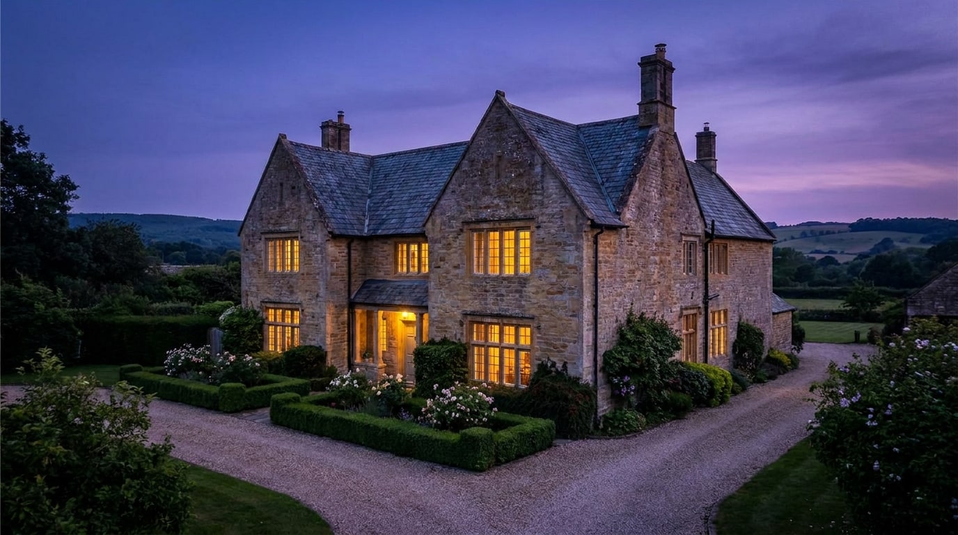 A British stone home glowing at dusk
