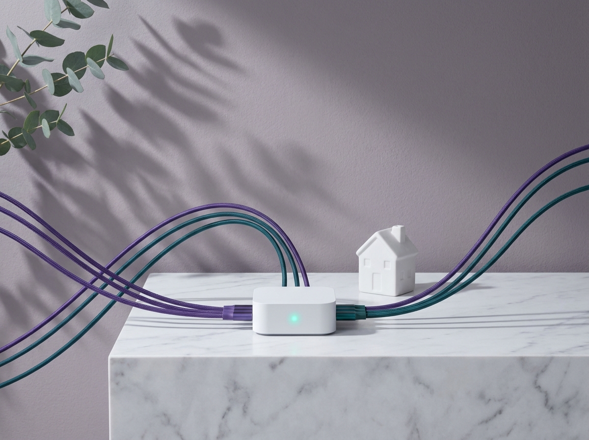 A hub with violet and teal cables neatly connected