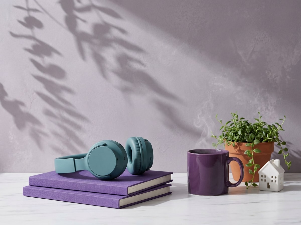 A teal headset, violet notebooks and a steaming mug of tea