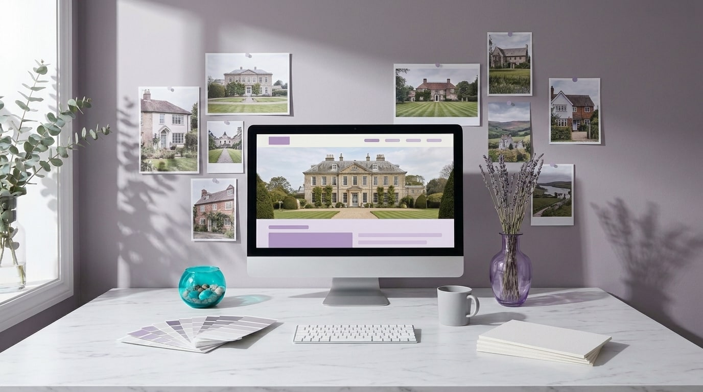 A styled design studio scene with an estate agency website on screen, lilac and teal accents