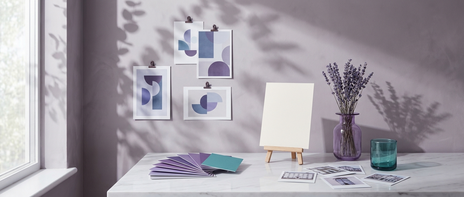 A styled marketing studio scene with campaign artwork, swatches and lavender