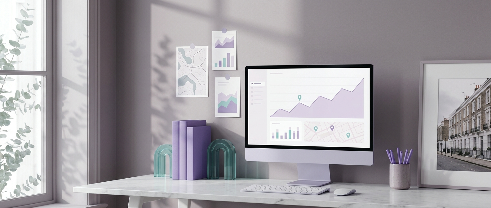 A styled studio scene with an abstract search analytics dashboard on screen