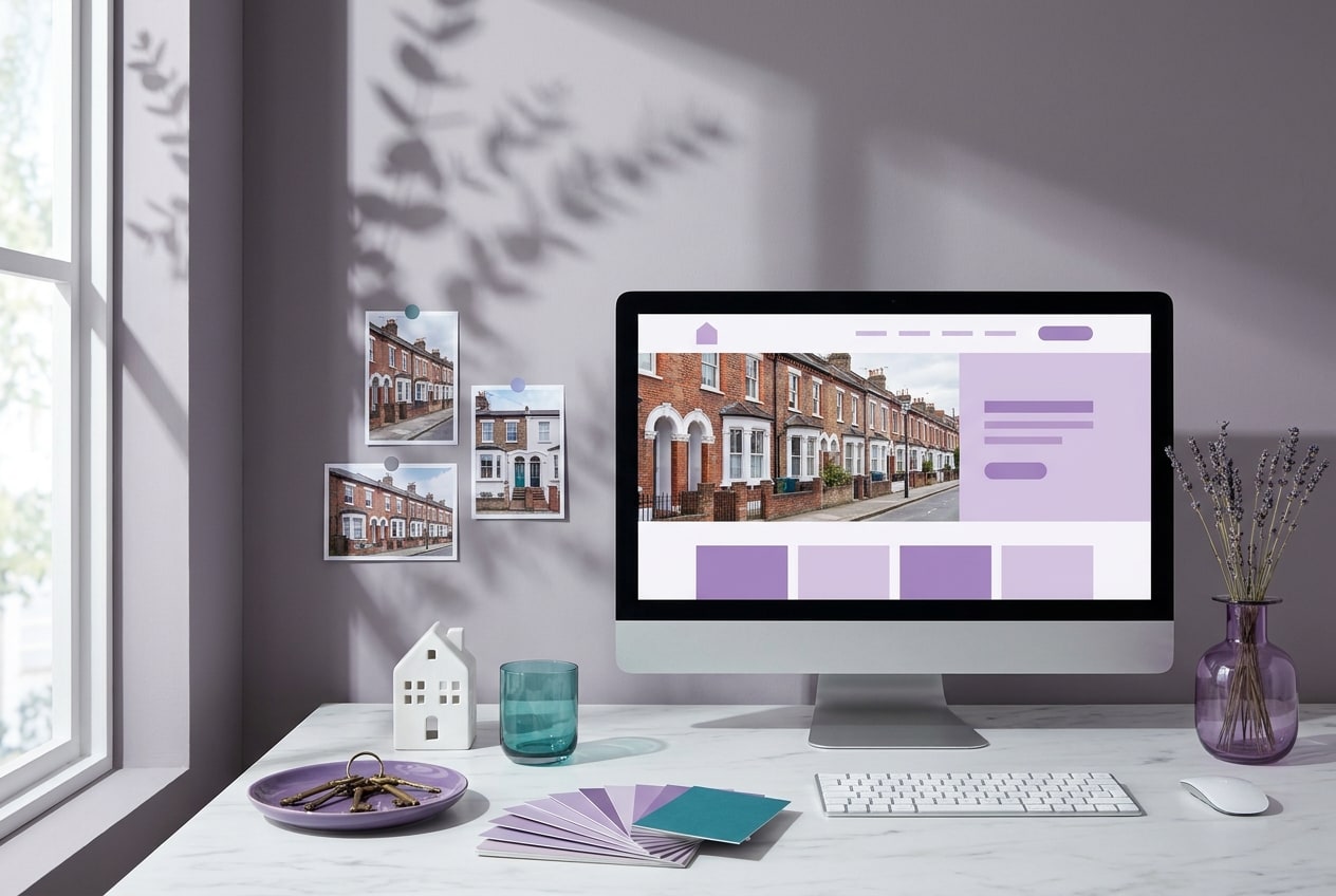A styled design studio desk with a letting agency website on screen, house keys, lilac and teal accents