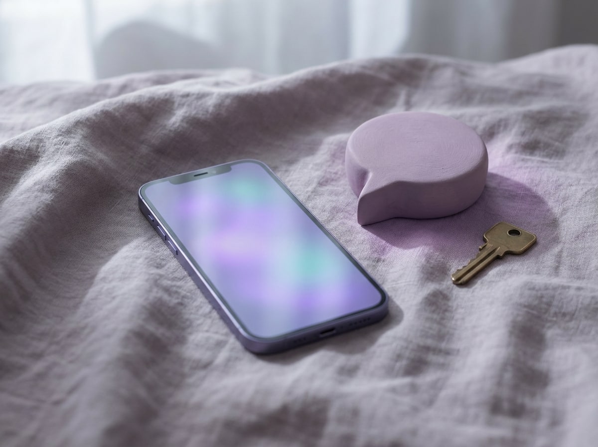 A smartphone glowing with soft violet and teal light beside a ceramic speech bubble and a house key