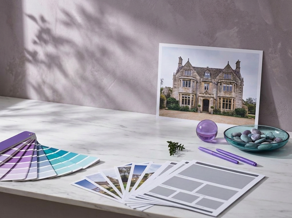 Violet and teal paint swatch fans laid on marble beside layout cards, photographs of homes and a propped print of a Cotswold stone manor house