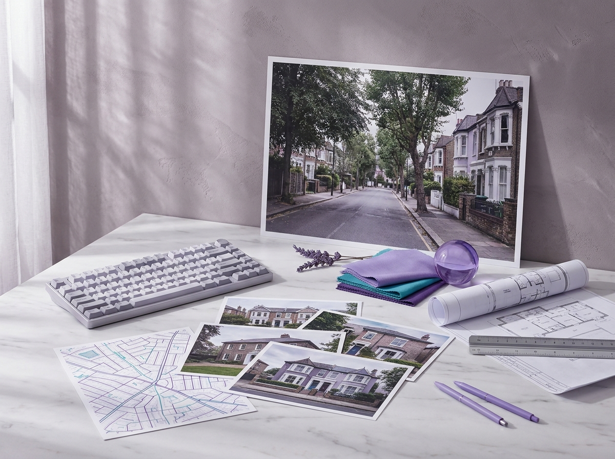 A keyboard on marble beside a hand-drawn street map, photographs of period houses, a rolled floor plan and a propped print of a leafy residential street
