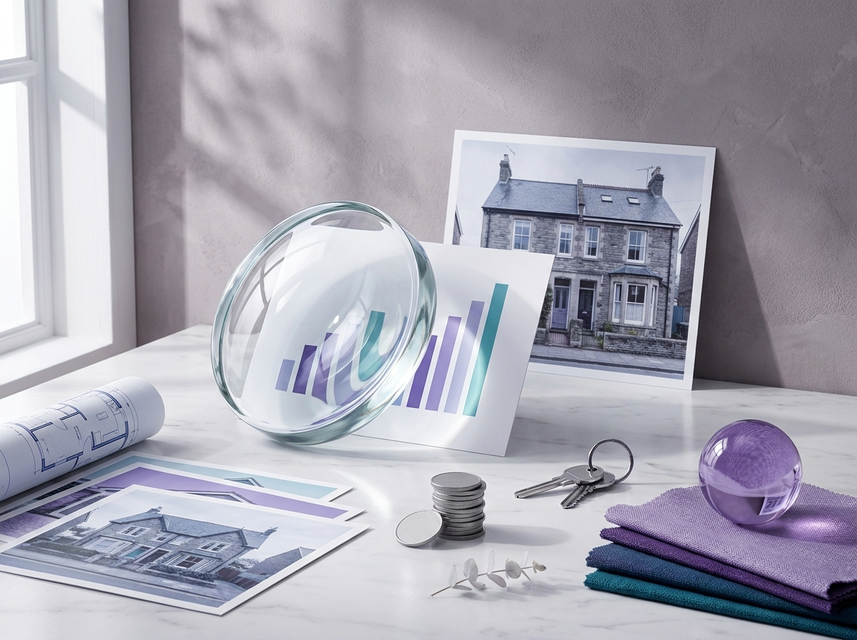A heavy glass lens magnifying a rising bar chart in violet and teal, beside a stack of coins, house keys and a photograph of a stone semi-detached house