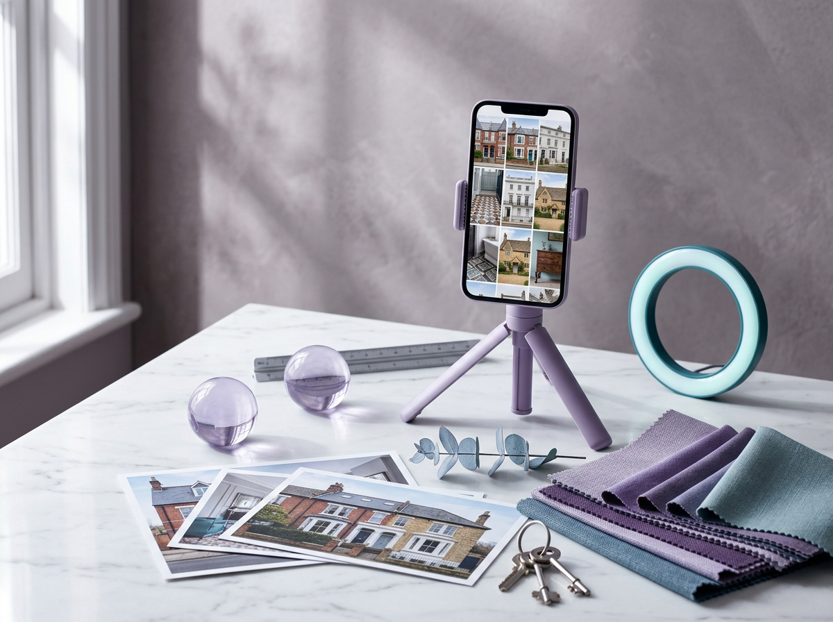 A phone on a lilac tripod showing a grid of property photographs, beside a teal ring light, printed house photographs and a set of keys
