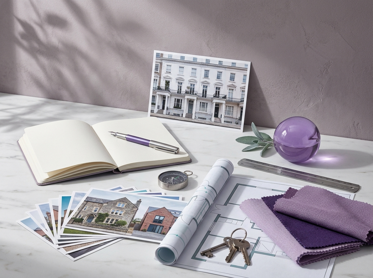 A planning flat-lay on marble: an open notebook and pen, a compass, a fan of photographs of British homes, a rolled floor plan and violet fabric swatches