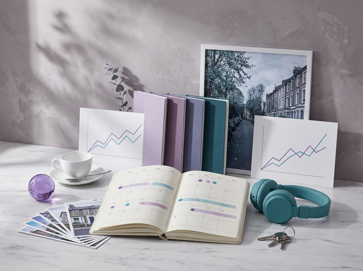 An open planner marked out across a month, a row of monthly report booklets, rising performance charts and a teal headset