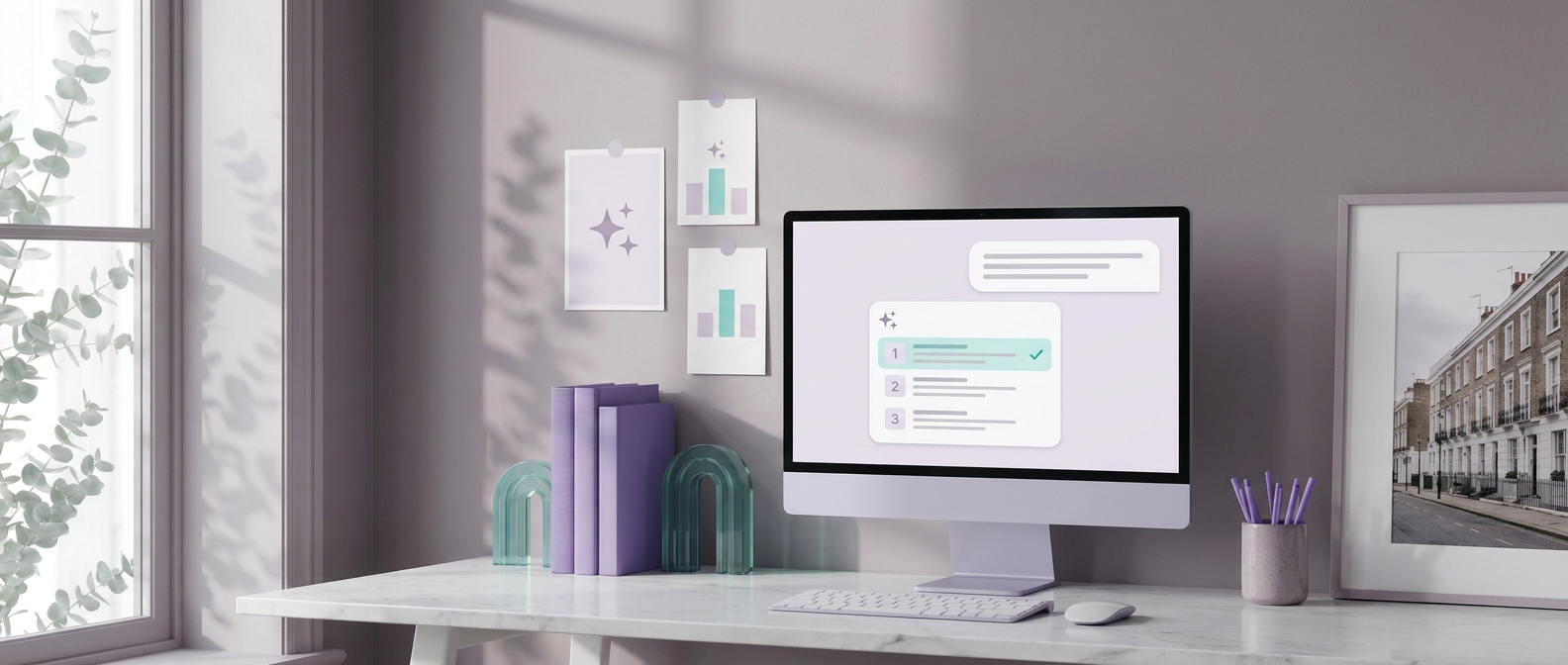 A styled studio scene with an AI assistant on screen ranking a shortlist of three agents, the winner highlighted in teal