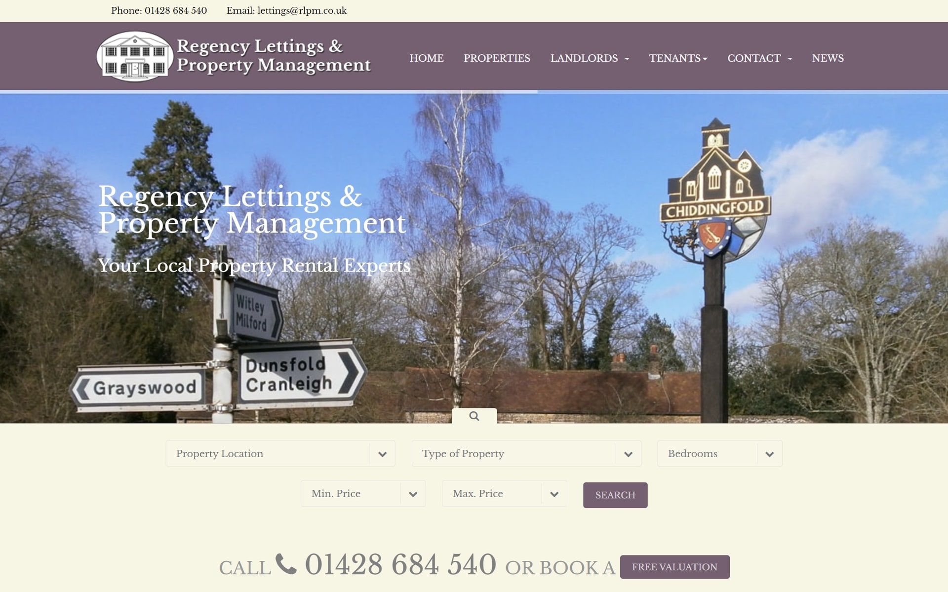 The previous Regency Lettings website, cream and plum with a village signpost photograph