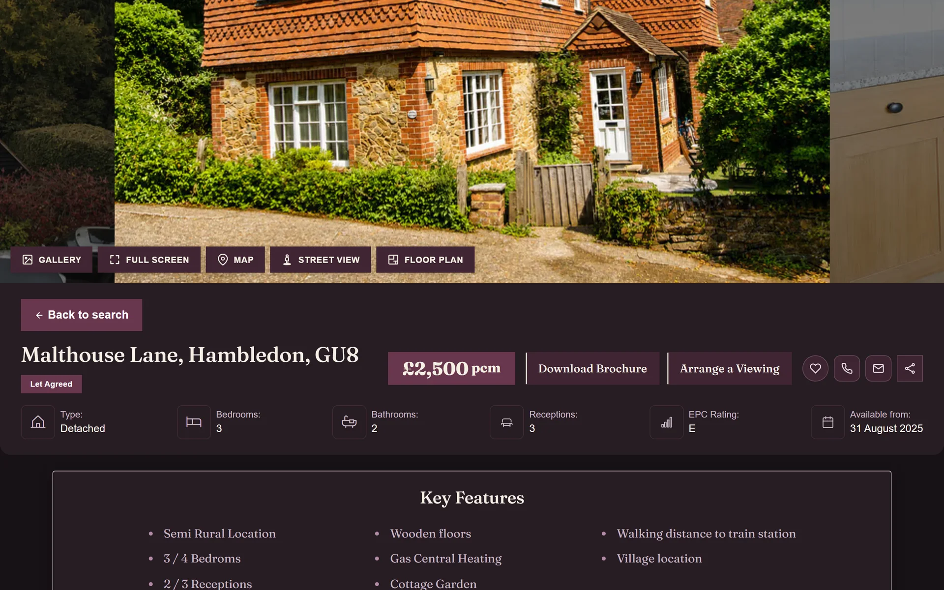 The same Regency Lettings property page in dark mode, the plum identity carried through against a dark background