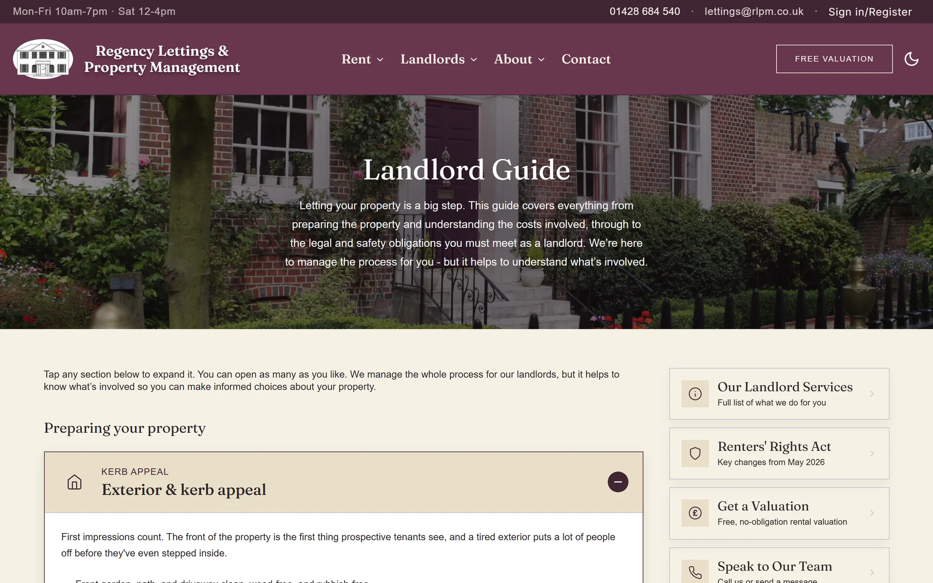 The Regency Lettings landlord guide, expandable sections on preparing a property beside links to landlord services