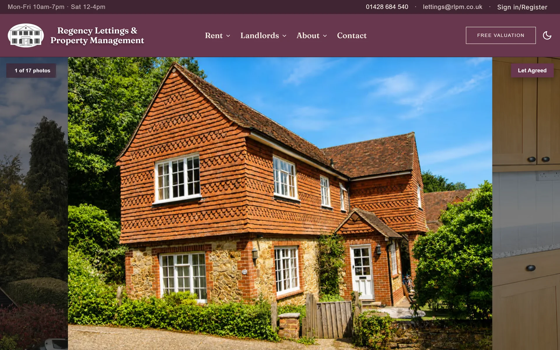 A Regency Lettings property page for a tile hung house on Malthouse Lane in Hambledon, a large photograph above the rent and key facts