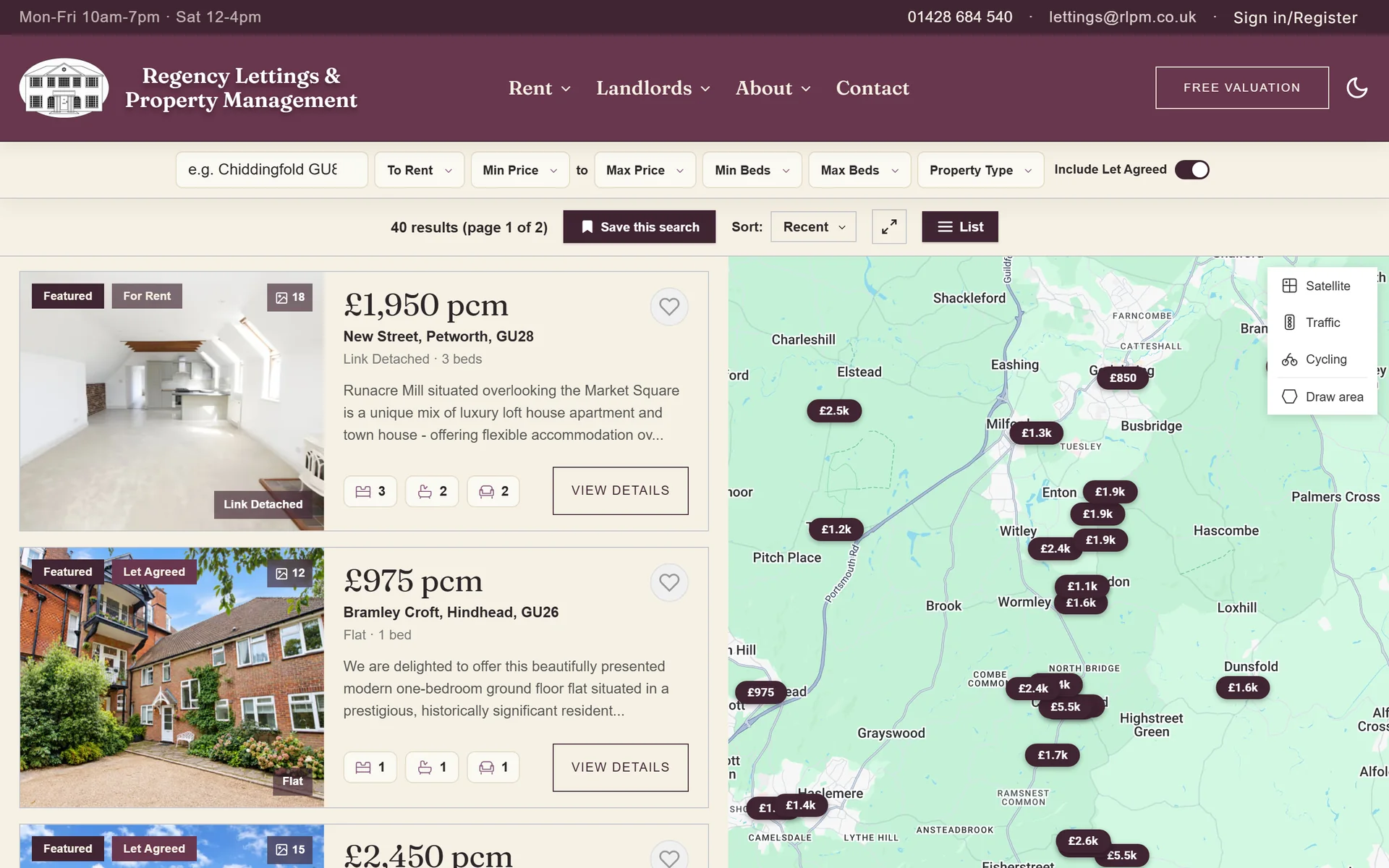 Regency Lettings property search, rental listings beside a map of Surrey and West Sussex with prices pinned across it