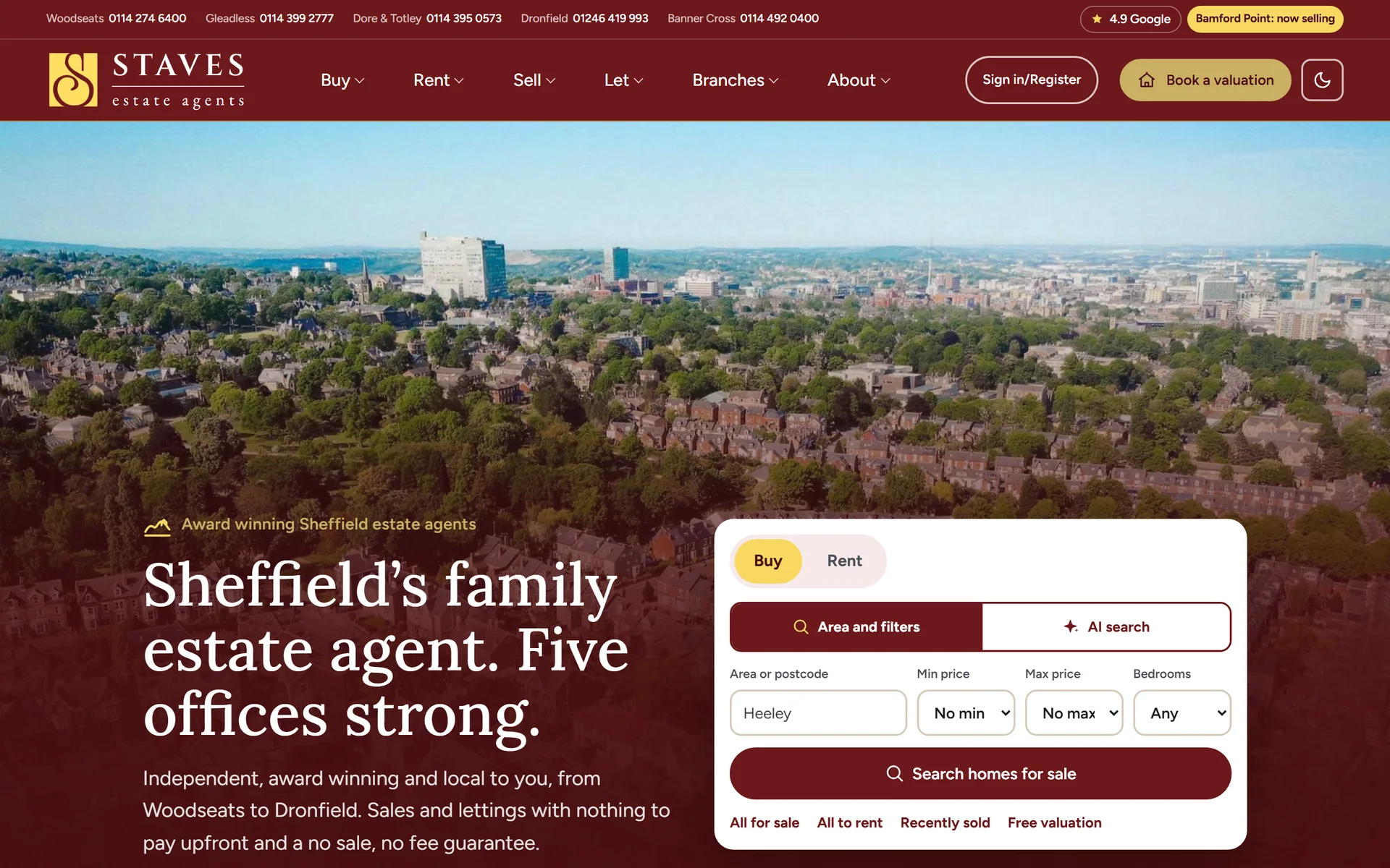 The new Staves homepage, the Sheffield skyline behind the headline Sheffield's family estate agent, five offices strong, with a search panel offering filters or AI search