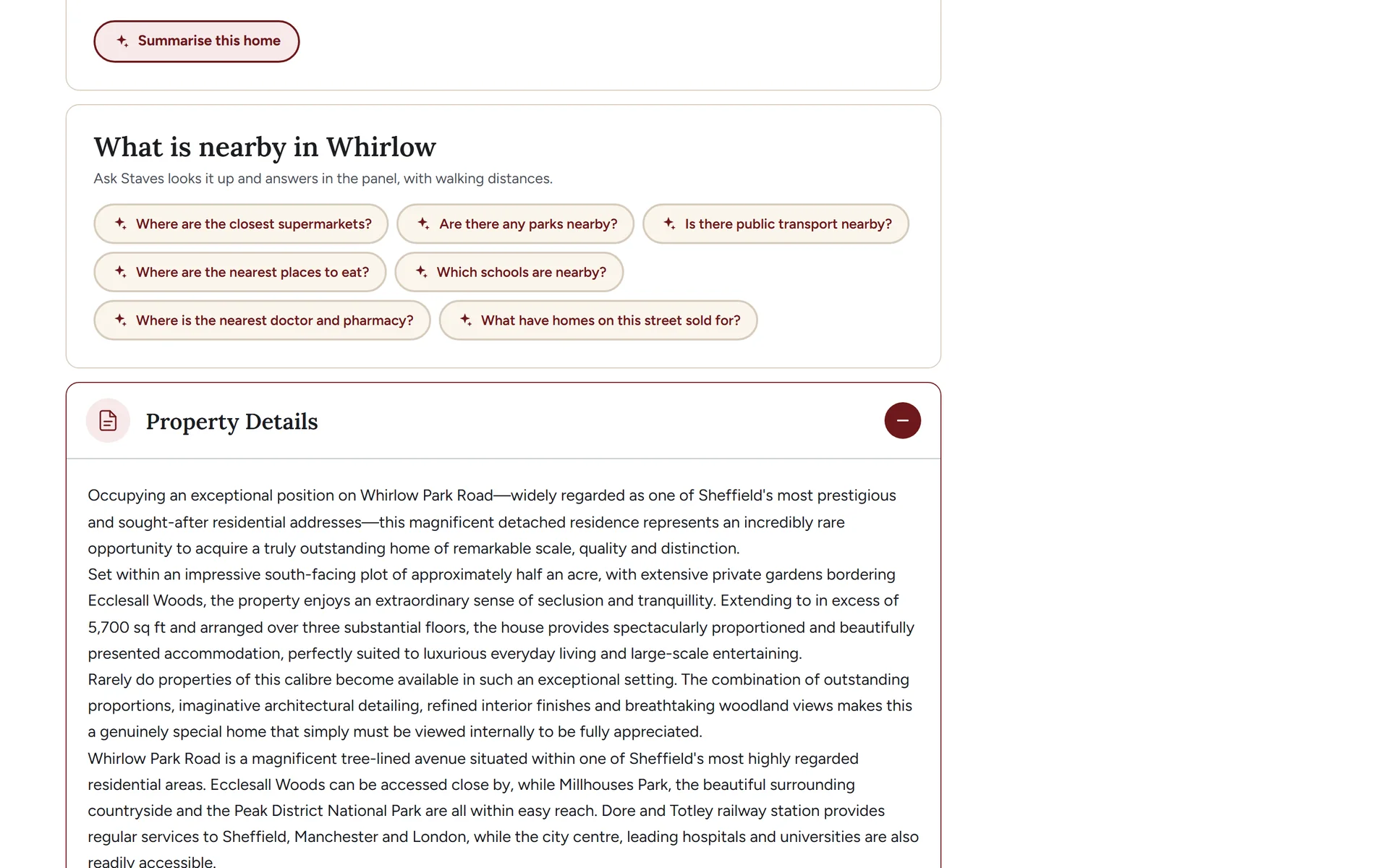 The Ask Staves panel on a Whirlow property page, a Summarise this home button above seven suggested questions about the local area