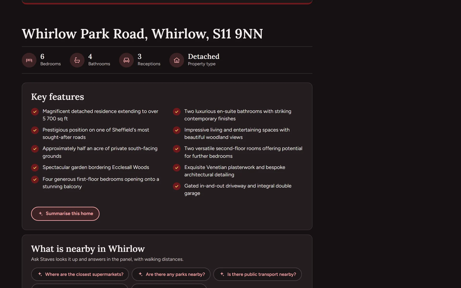 The same Whirlow property page in dark mode, the key features and the Summarise this home button against near black