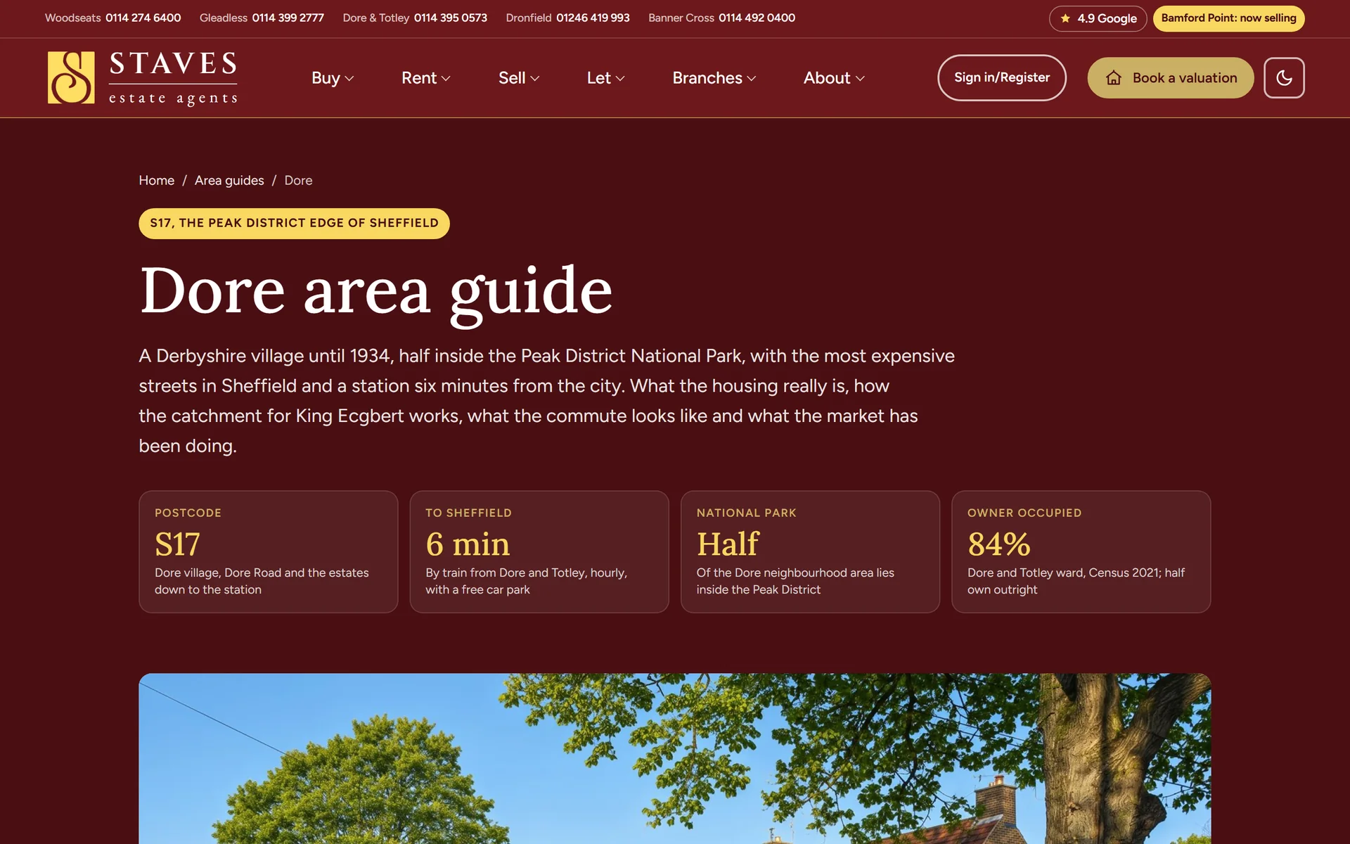 The Dore area guide on the Staves site, with the postcode, train time to Sheffield, Peak District share and owner occupancy as figures
