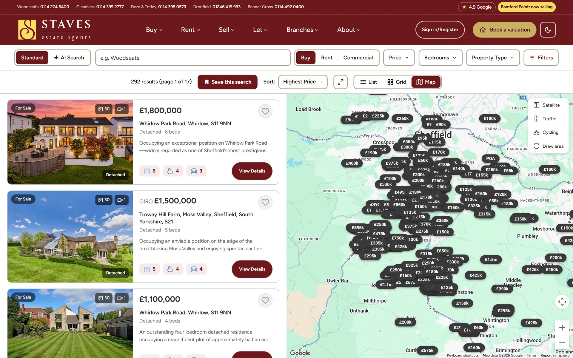 Staves property search sorted by highest price, homes listed beside a map of Sheffield with prices pinned across it