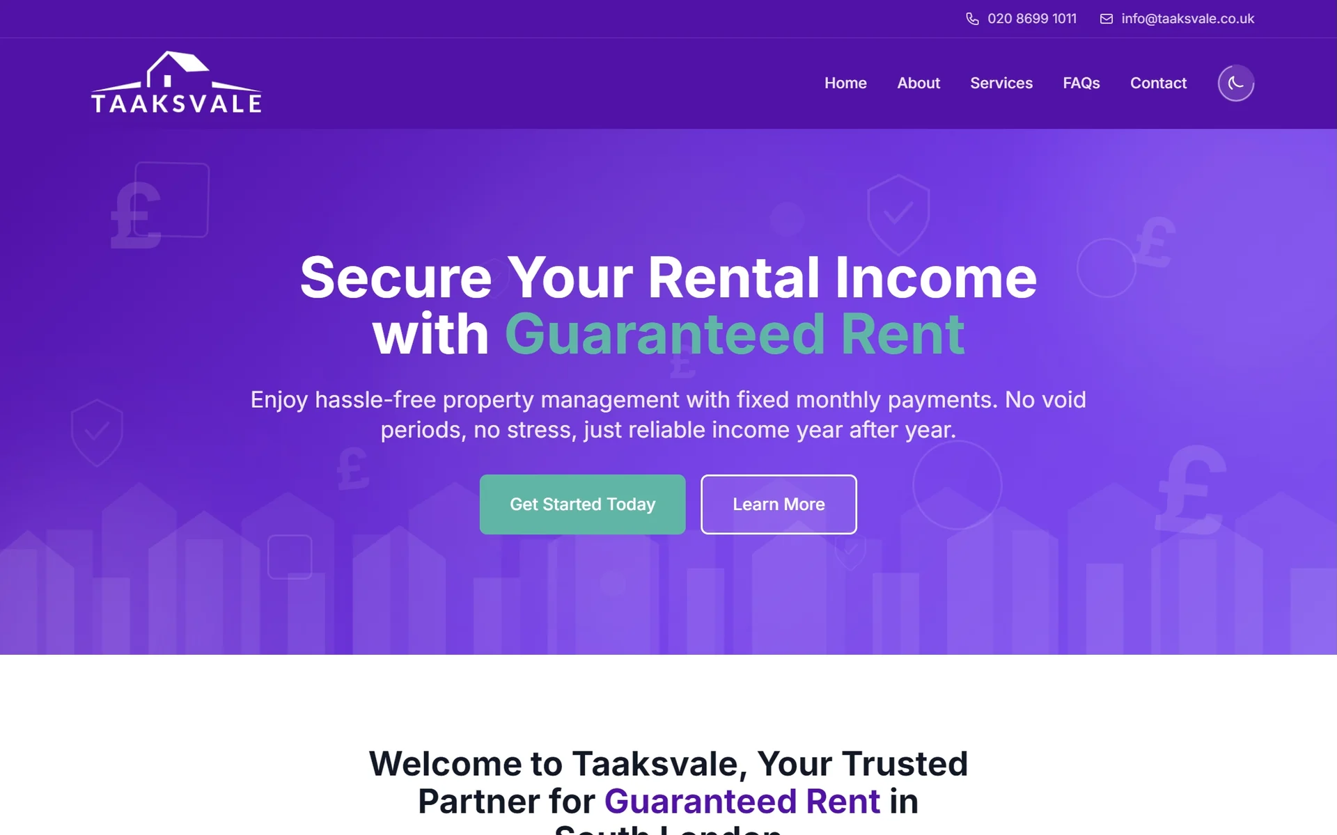 The new Taaksvale homepage, a deep purple hero with the guaranteed rent promise as the headline