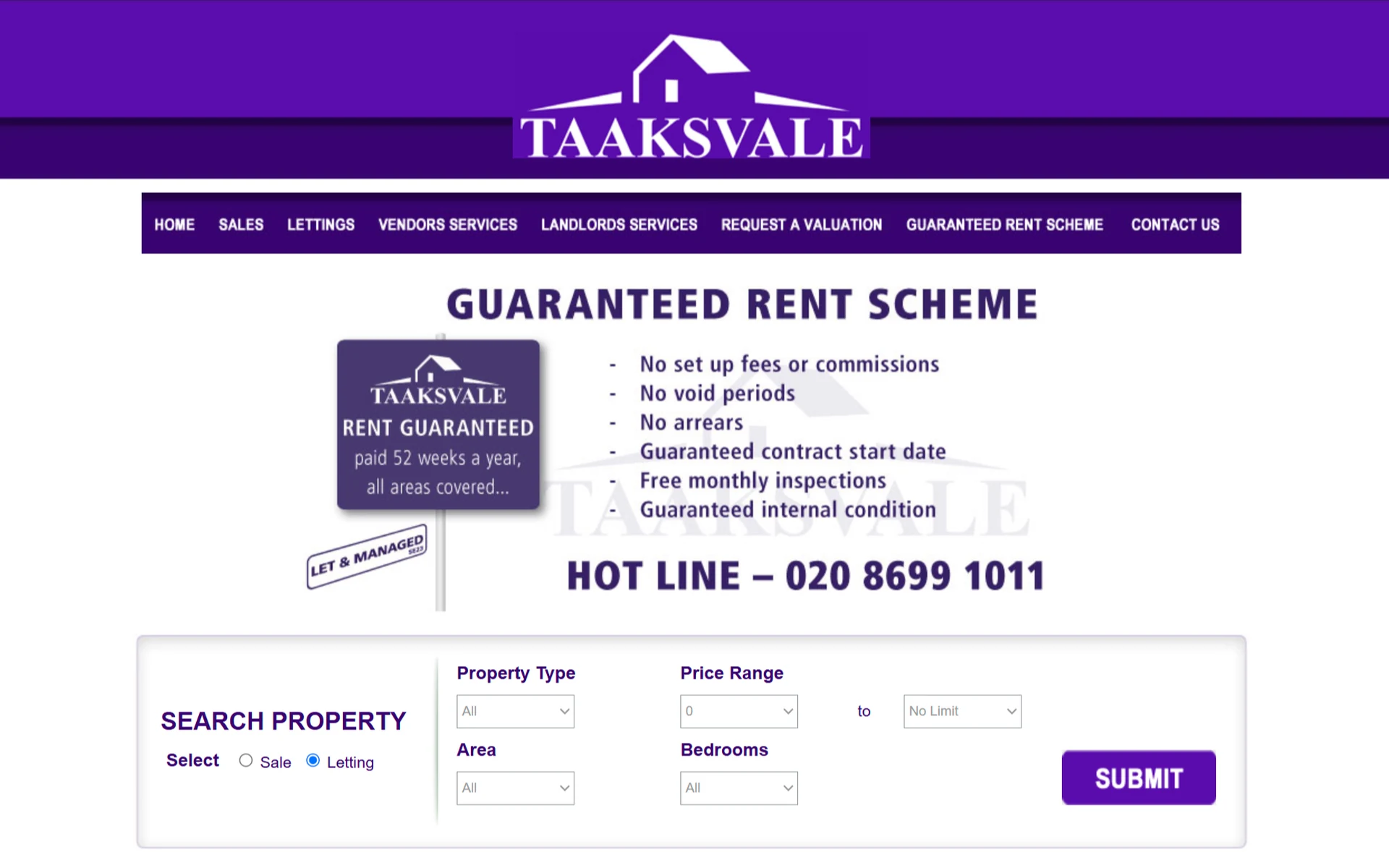 The previous Taaksvale website, a purple banner above a guaranteed rent scheme graphic and a property search form