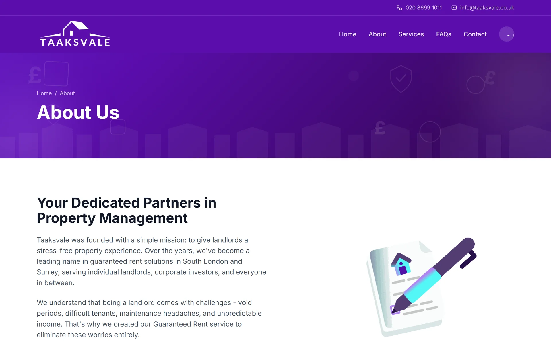 The Taaksvale about page explaining the company's guaranteed rent mission, with trust, efficiency and expertise cards
