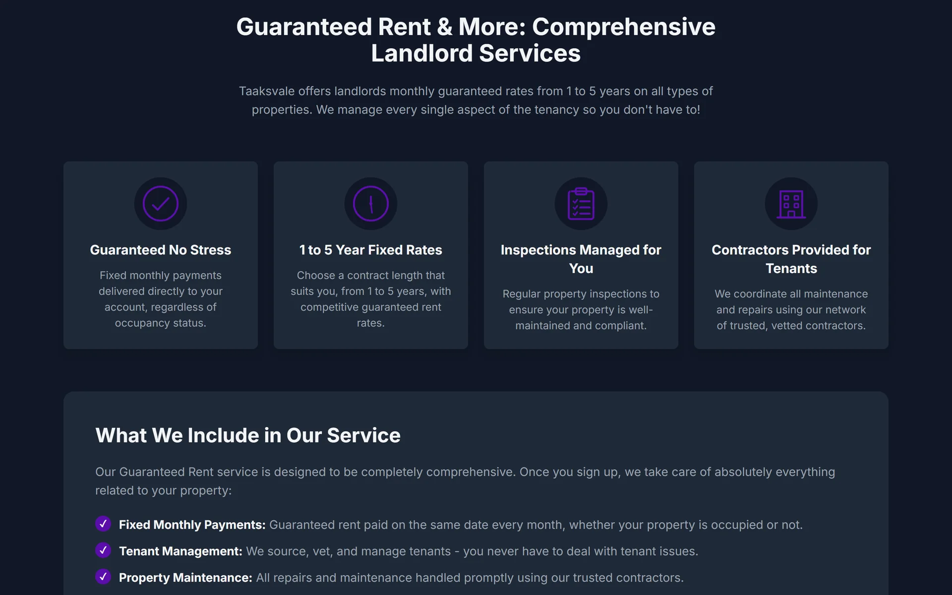 The same Taaksvale services page in dark mode, the purple reading against near black