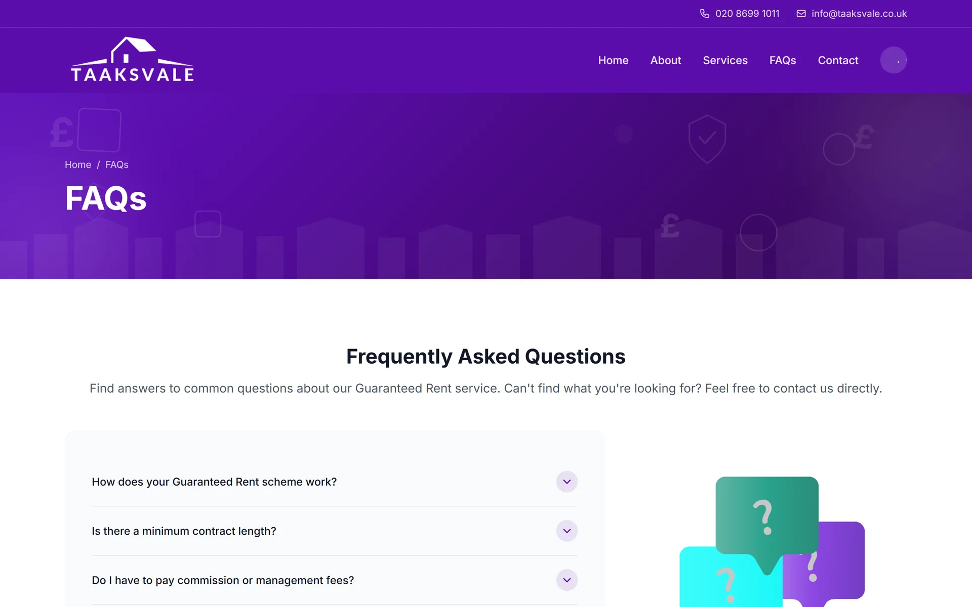 The Taaksvale frequently asked questions page, a list of expandable questions about the guaranteed rent scheme