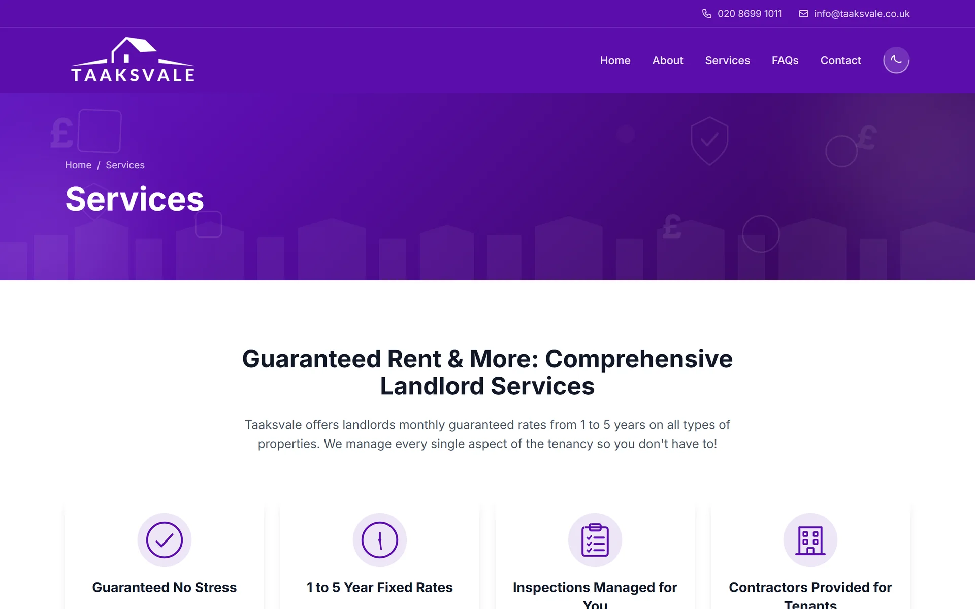 The Taaksvale services page, four cards describing the guaranteed rent service above a list of what is included