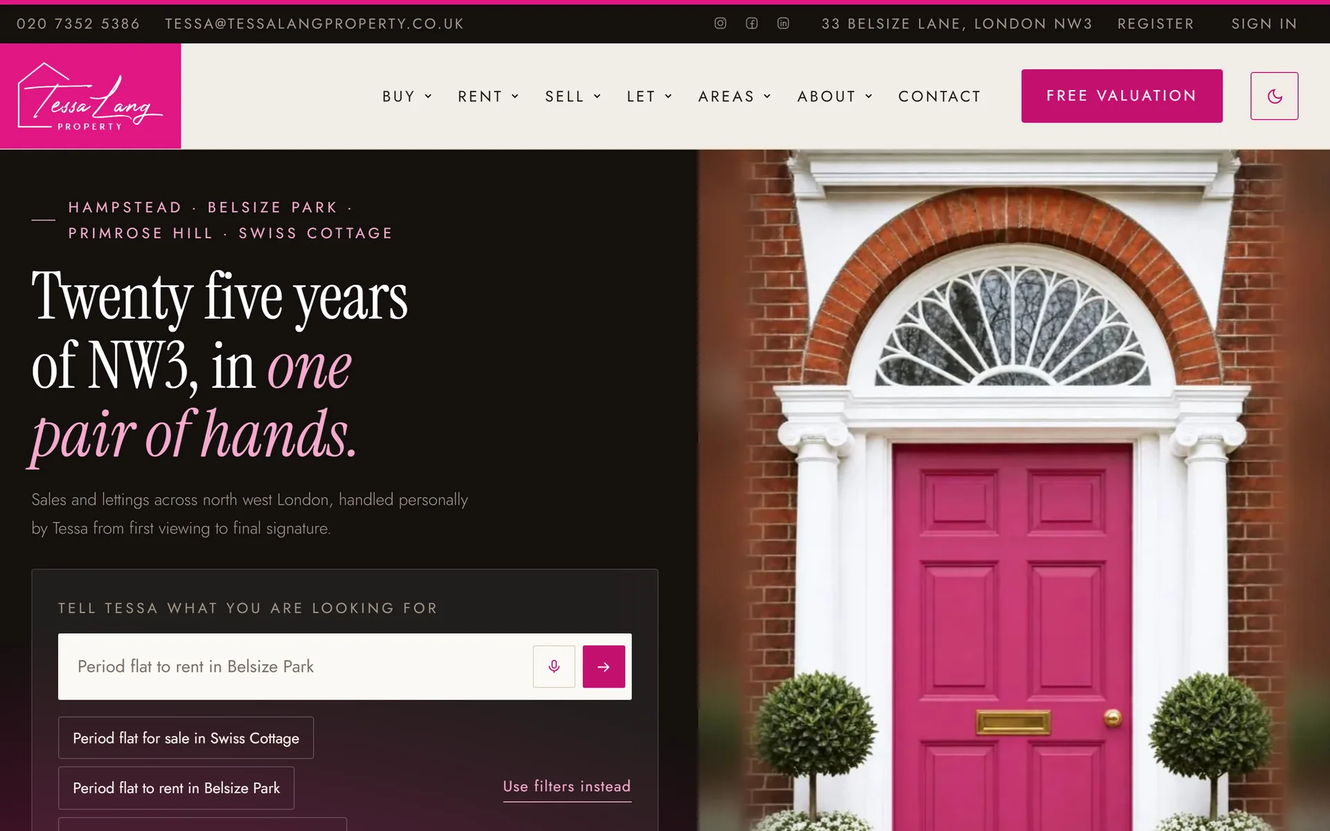 The new Tessa Lang Property homepage, a pink front door beside the headline Twenty five years of NW3, in one pair of hands, with a search box asking what you are looking for